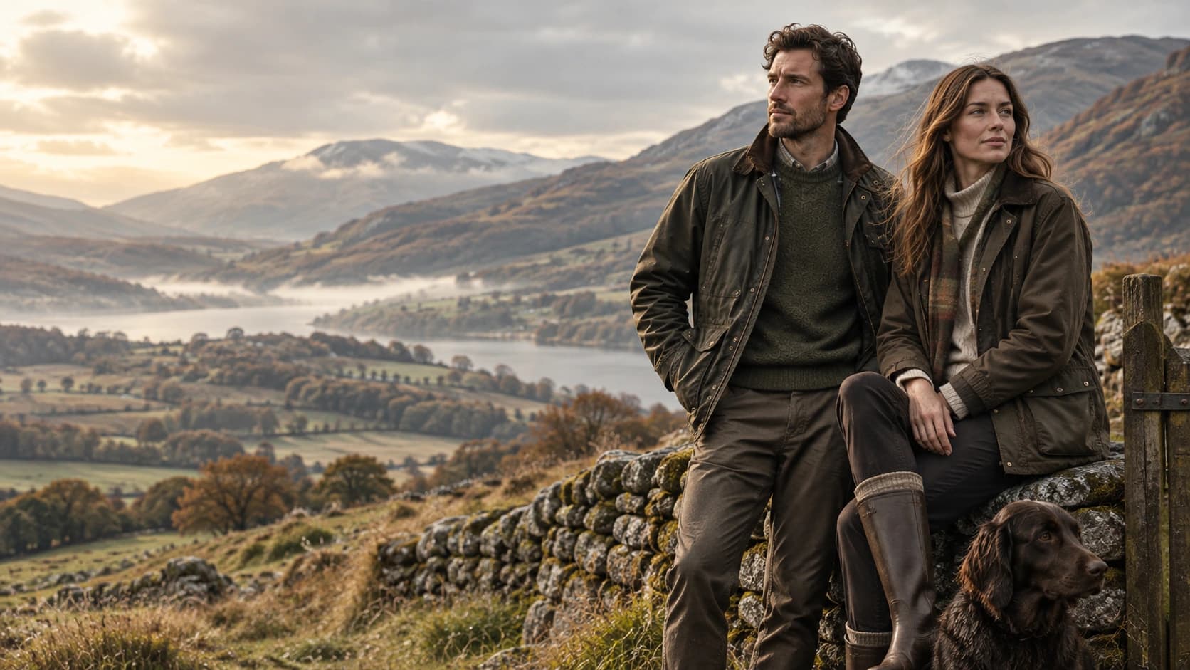 Models in countryside-inspired outerwear overlooking a scenic valley
